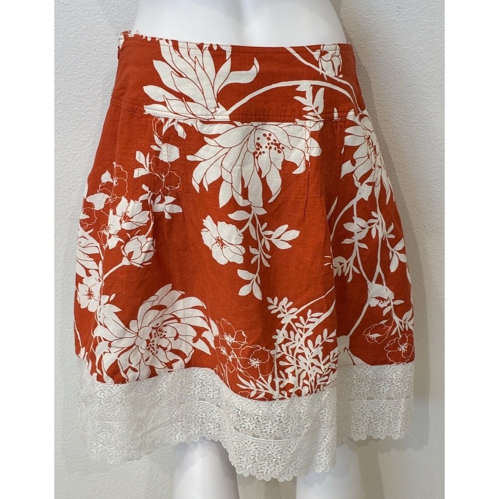 Ann Taylor Floral Linen Blend A-Line Skirt Womens 6 Red White Lace Hem Summer